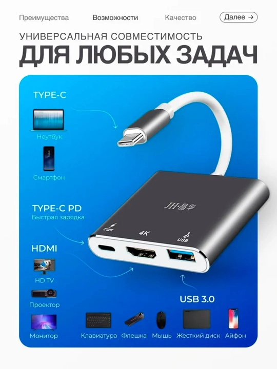 Адаптер с USB Type-C к HDMI, VGA 4K при 60Гц, для ноутбуков, проекторов, планшетов