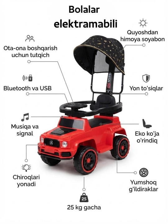 Bolalar uchun "Tolokar" elektromobili, akkumulyator va qo‘lda boshqariladigan - 