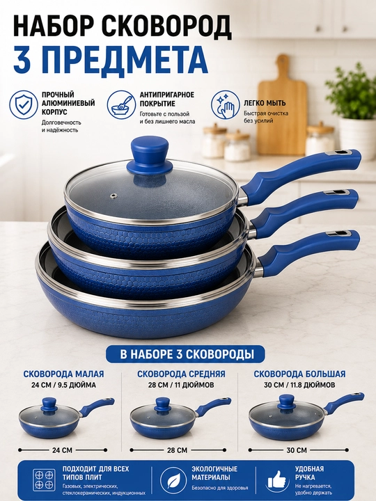 Tova 3 ta  to'plami,shisha qopqoqli, granitli yopishqoqlikka qarshi qoplama, 26, 28, 30 sm - 