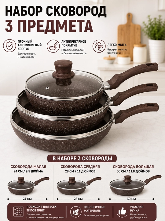Tova 3 ta  to'plami,shisha qopqoqli, granitli yopishqoqlikka qarshi qoplama, 26, 28, 30 sm - 