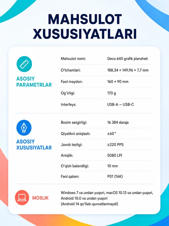 XP-Pen Deco 640 qalamli grafik plansheti, 16 384 bosim darajasi, 8 ta tugma