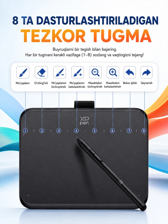 XP-Pen Deco 640 qalamli grafik plansheti, 16 384 bosim darajasi, 8 ta tugma
