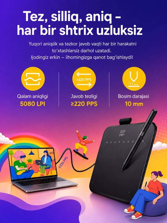 XP-Pen Deco 640 qalamli grafik plansheti, 16 384 bosim darajasi, 8 ta tugma