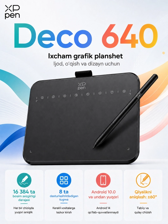 XP-Pen Deco 640 qalamli grafik plansheti, 16 384 bosim darajasi, 8 ta tugma - 