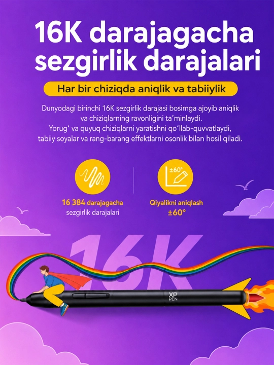 XP-Pen Deco 640 qalamli grafik plansheti, 16 384 bosim darajasi, 8 ta tugma