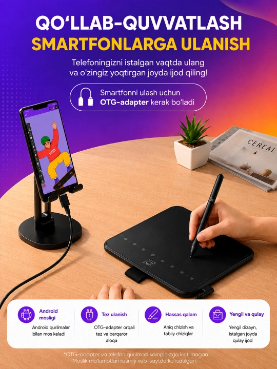 XP-Pen Deco 640 qalamli grafik plansheti, 16 384 bosim darajasi, 8 ta tugma