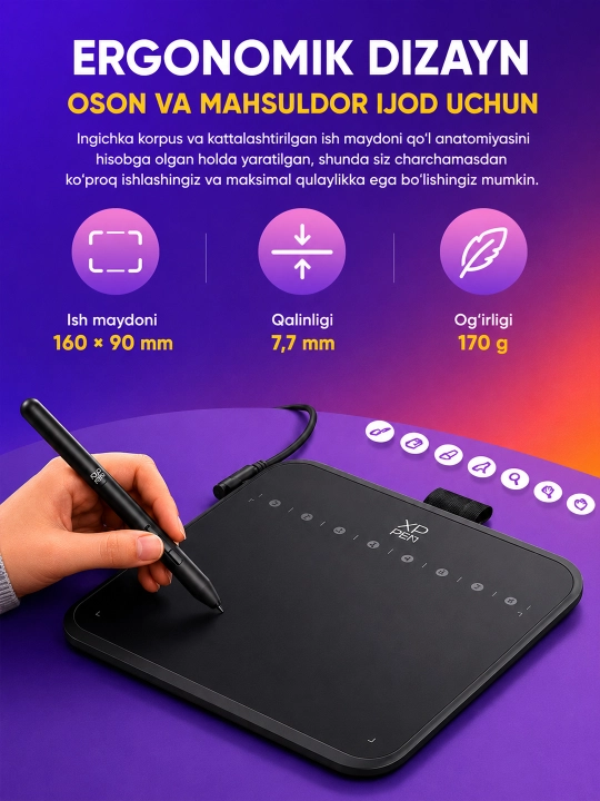 XP-Pen Deco 640 qalamli grafik plansheti, 16 384 bosim darajasi, 8 ta tugma