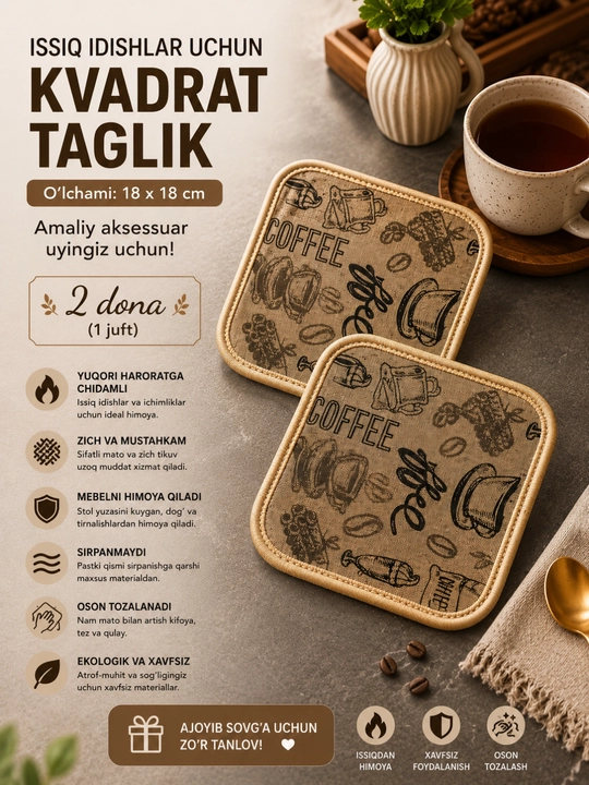 Stol uchun chiroyli dasturxon tagligi, idish qo‘yiladigan to‘qilgan setka