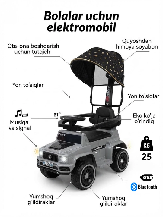 Bolalar uchun "Tolokar" elektromobili, akkumulyator va qo‘lda boshqariladigan - 