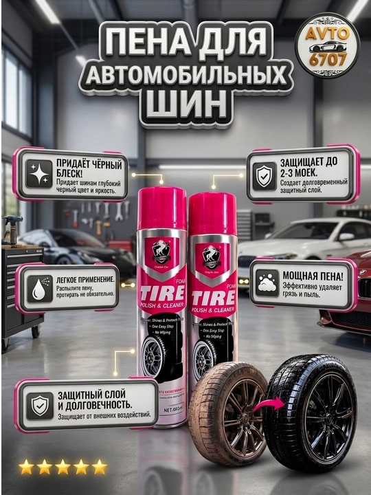 Пенный очиститель и чернитель шин Tire Foam, полироль, 650 мл