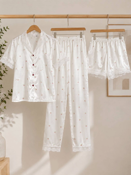 Olcha gulli pijama to‘plami,(3 tasi 1da).Nafis qizlar va ayollarga. M, L, XL, 2XL o‘lcham