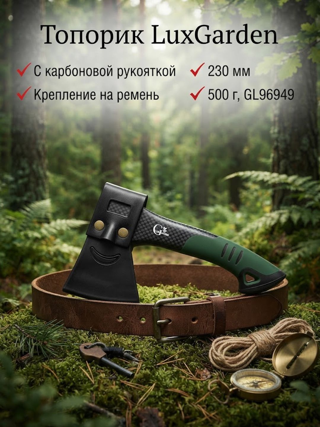 Топорик LuxGarden с карбоновой рукояткой и креплением на ремень 230 мм 500 г, GL96949 - 