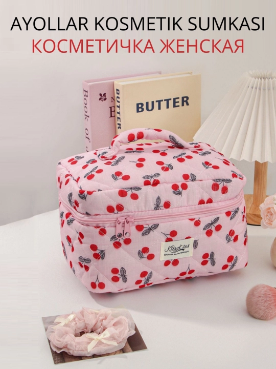 Tutqichli katta ayollar kosmetik sumkasi, gilos gullari dizayni, sayohat, tashkilotchisi