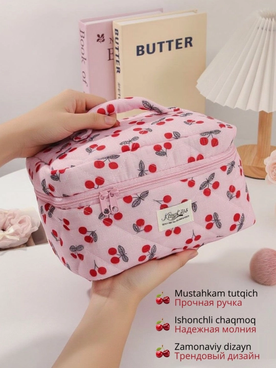 Tutqichli katta ayollar kosmetik sumkasi, gilos gullari dizayni, sayohat, tashkilotchisi