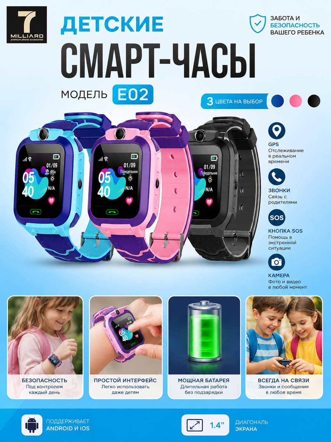 Умные часы Kids Smart Watch, 7Milliard Model E02