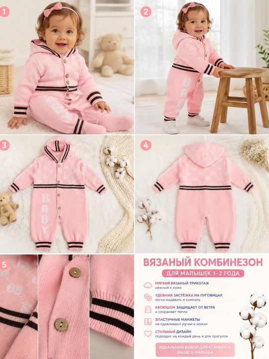 Вязаный комбинезон с капюшоном для малышей, мягкая тёплая одежда, 0–12 месяцев
