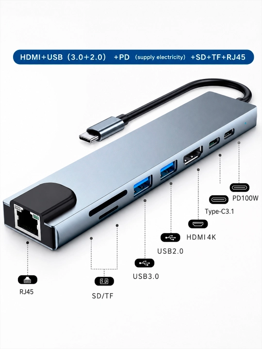 HDMI, VGA, USB 3.0, Ethernet va PD 100W portli USB Type-C HUB adapter