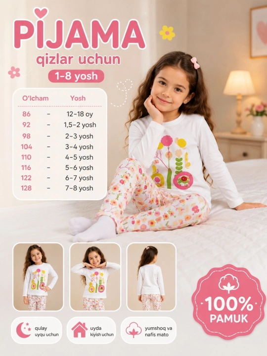 1-8 yoshli bolalar uchun uzun yengli yumshoq pijama
