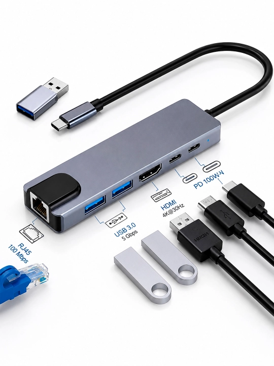 HDMI, VGA, USB 3.0, Ethernet va PD 100W portli USB Type-C HUB adapter