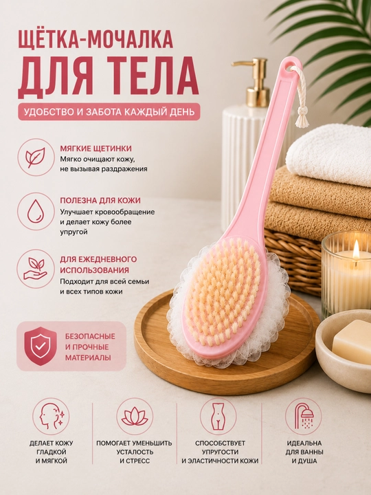 Щётка-мочалка для тела 2в1, длинная ручка, массажная губка для душа - 