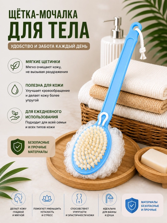 Щётка-мочалка для тела 2в1, длинная ручка, массажная губка для душа - 