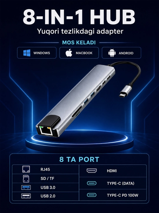 USB Type-C хаб-переходник с HDMI, VGA, USB 3.0, Ethernet и PD 100W - 