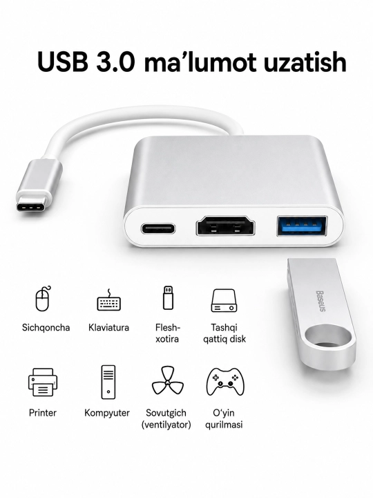HDMI, VGA, USB 3.0, Ethernet va PD 100W portli USB Type-C HUB adapter