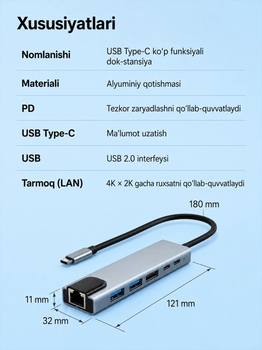 HDMI, VGA, USB 3.0, Ethernet va PD 100W portli USB Type-C HUB adapter