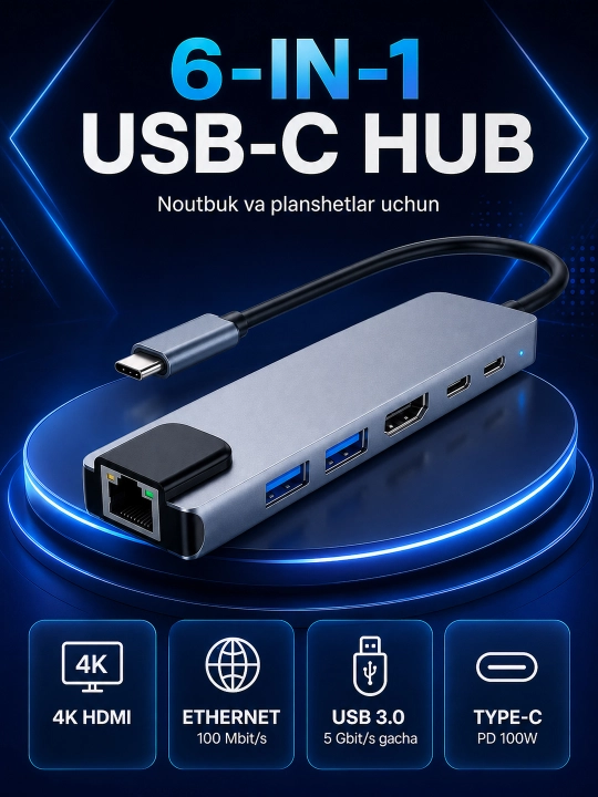 USB Type-C хаб-переходник с HDMI, VGA, USB 3.0, Ethernet и PD 100W - 