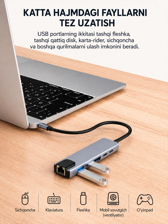 HDMI, VGA, USB 3.0, Ethernet va PD 100W portli USB Type-C HUB adapter