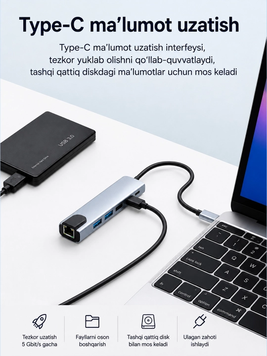 HDMI, VGA, USB 3.0, Ethernet va PD 100W portli USB Type-C HUB adapter