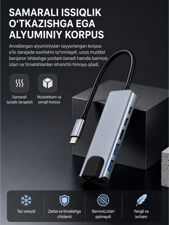 HDMI, VGA, USB 3.0, Ethernet va PD 100W portli USB Type-C HUB adapter