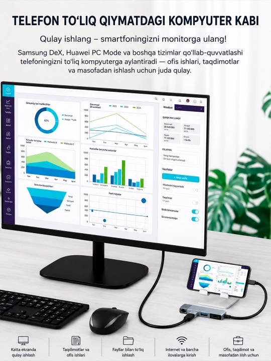 HDMI, VGA, USB 3.0, Ethernet va PD 100W portli USB Type-C HUB adapter