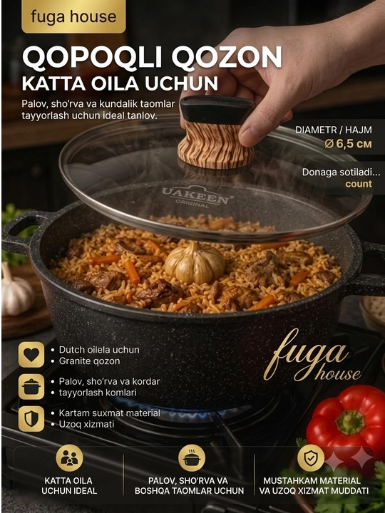 UAKEEN premium granit qozonlar, yopishmaydigan qoplamali va yog‘och tutqichli
