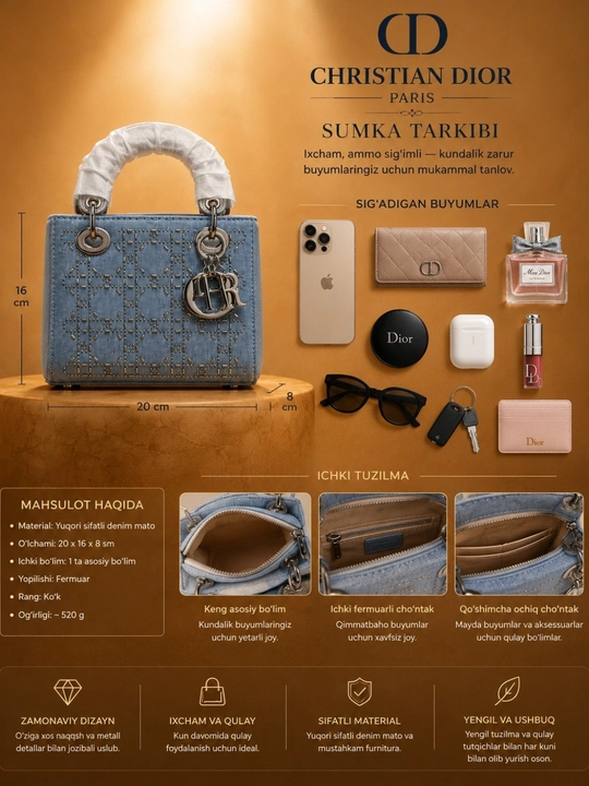 Ayollar uchun ko‘k denim sumka, qo‘l va yelka tasmasi bilan