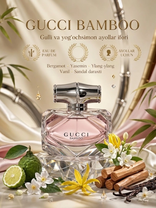 Gucci Bamboo ayollar atiri, gulli va yog‘ochsimon ifor, 3–100 ml