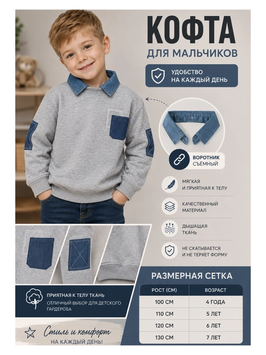 Кофта свитшот для мальчика, со съемным воротником. 2 в 1 - 