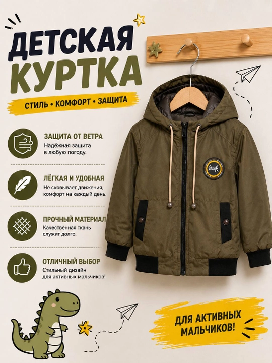 Куртка для мальчика, демисезонная, осенняя и весенняя, с капюшоном, лёгкая