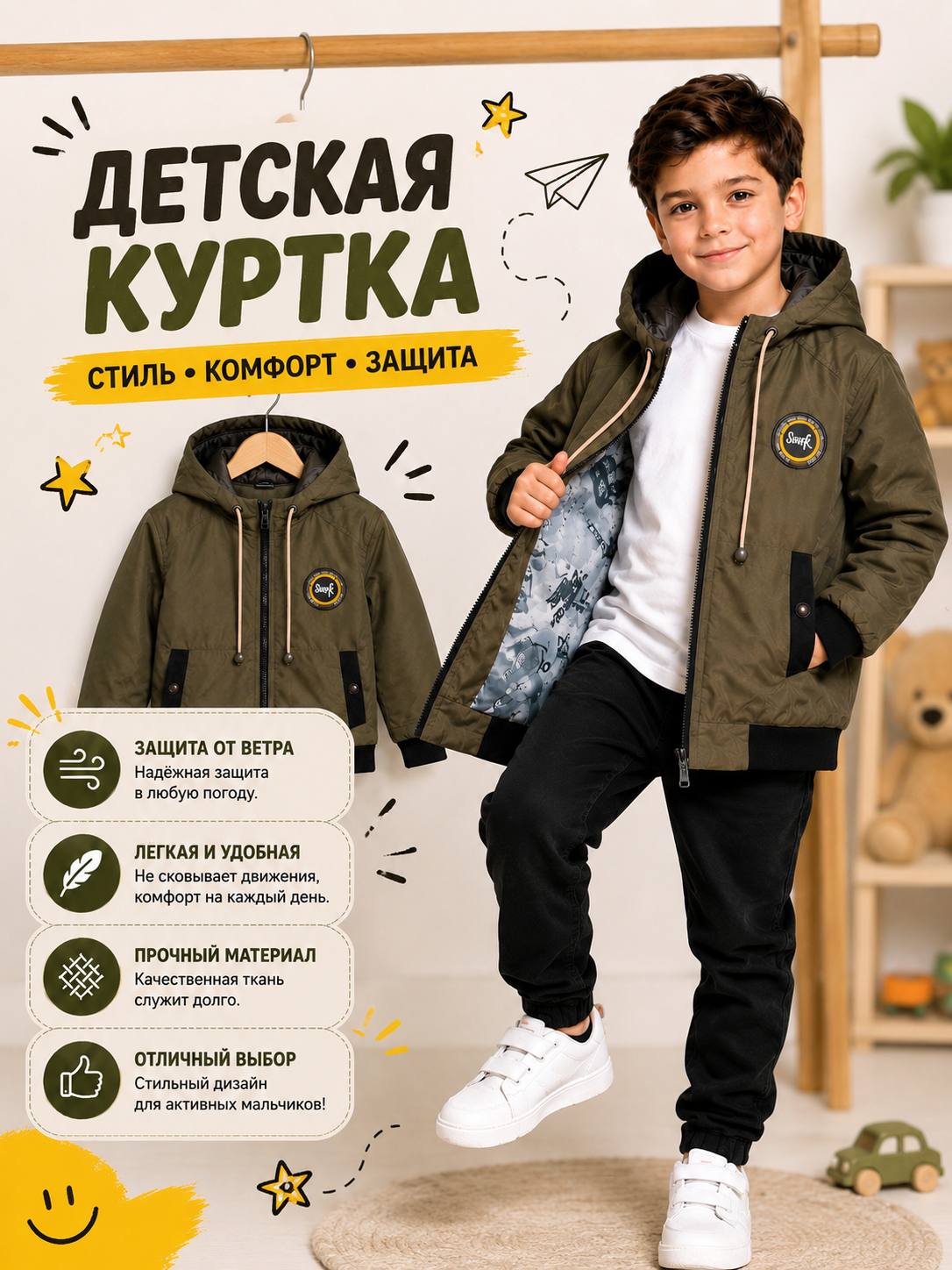 Куртка для мальчика, демисезонная, осенняя и весенняя, с капюшоном, лёгкая