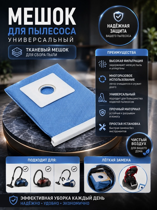 Мешок для пылесоса, тканевый мешок для сбора пыли, универсальный, 10 см / 11 см - 