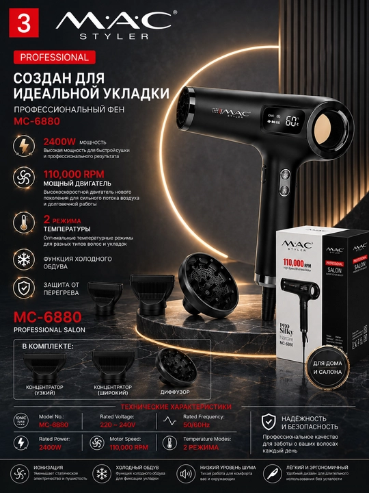 M.A.C. MC-6880, ayollar uchun professional soch quritish uchun feni