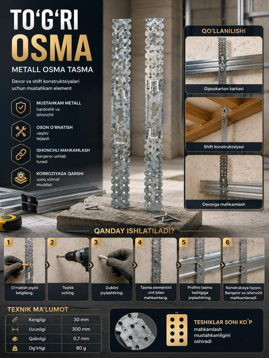 Metall osma tasma 30×300 mm, gipsokarton va shift konstruksiyasi uchun osma mahkamlash