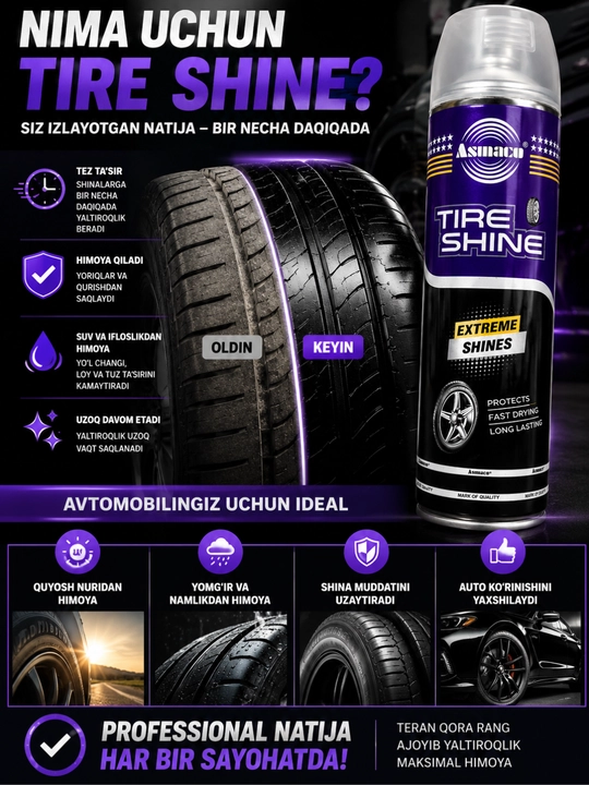 Чернение шин Asimaco Tire Shine Extreme Shines,для резины и колес 450 мл,Средство для шин