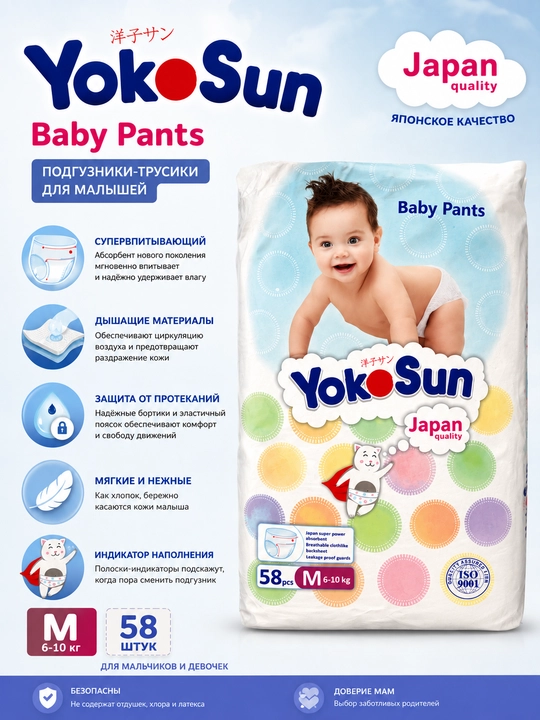 Bolalar uchun YokoSun Baby Pants taglik-ichki kiyimlari, o‘lchamlari: M / L / XL / XXL - 