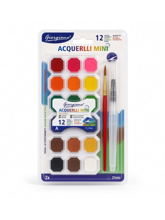 Giorgione Acquerelli Mini akvarel bo‘yoqlari, 12/24 rang, 2 mo‘yqalam, rasm chizish uchun