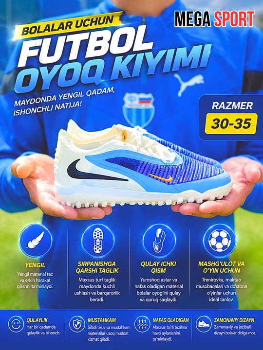 Детская футбольная обувь, бутсы-сороконожки, размер 30–35