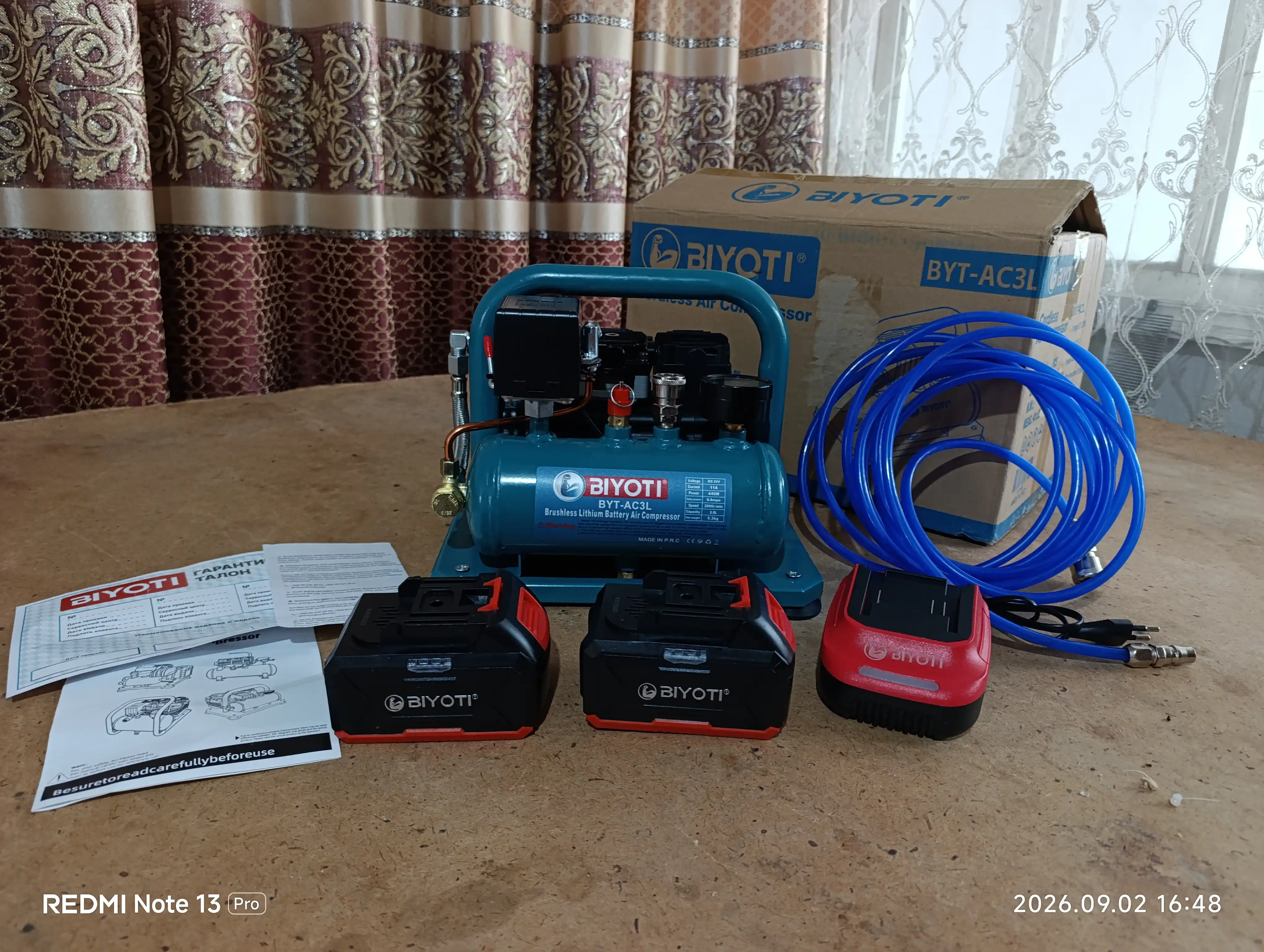 Akkumulyatorli cho'tkasiz havo kompressori BIYOTI BYT-AC3L (20V, 440W, 2.5L)