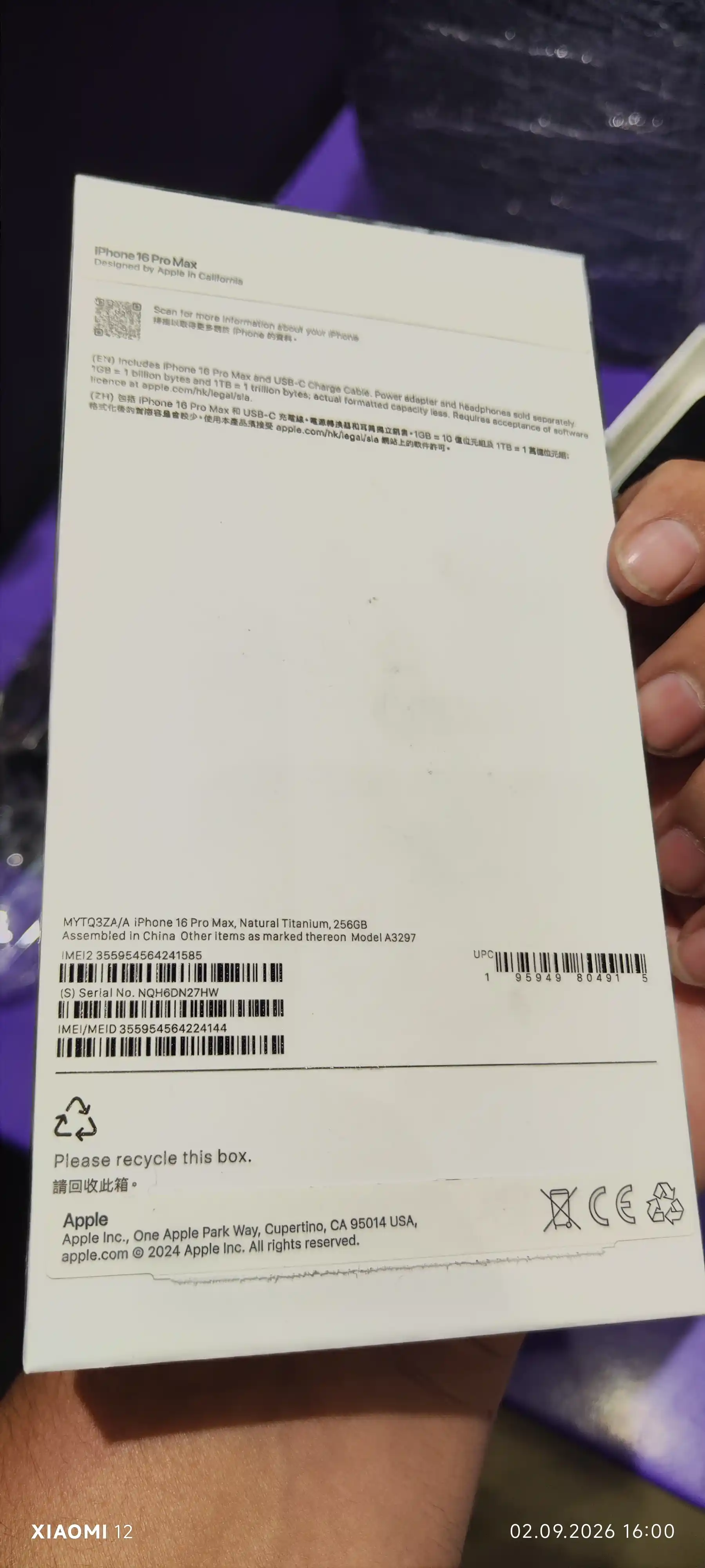 Apple iPhone 16 Pro/Pro Max, 256GB, SIM+sim, UZIMEI-ro'yxatdan o'tgan
