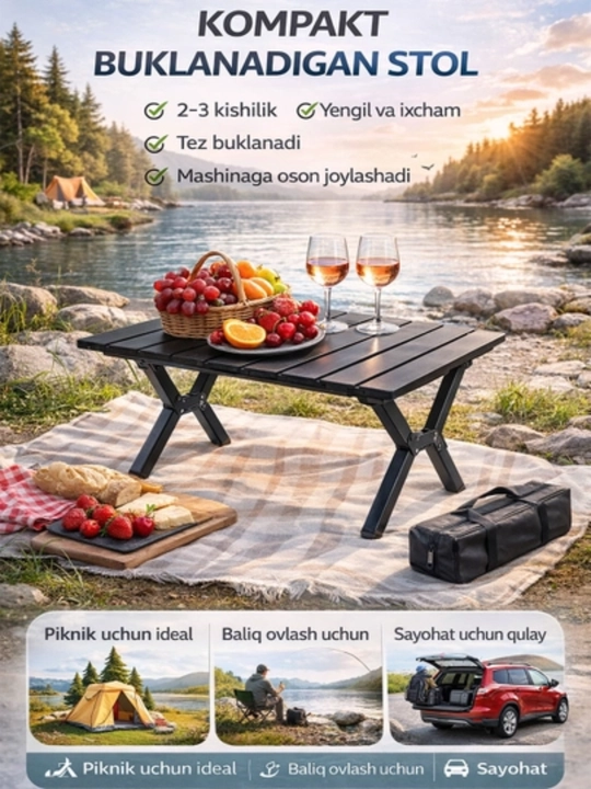 Buklanadigan piknik stoli – 2-3 kishilik, yengil va ixcham sayohat stoli - 