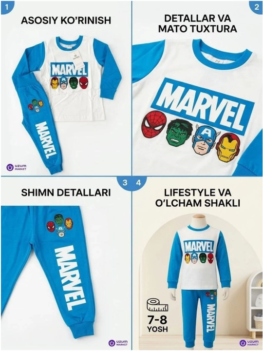 MARVELL bilan o‘g‘il bolalar pijamasi, uxlash va uy uchun mo‘ljallangan paxtalik to‘plam, 4-8 yosh